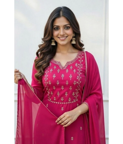 Women's Georgette Ethnic Motif Round 3/4th Sleeve Kurti With Pant Dupatta Set (Pink)