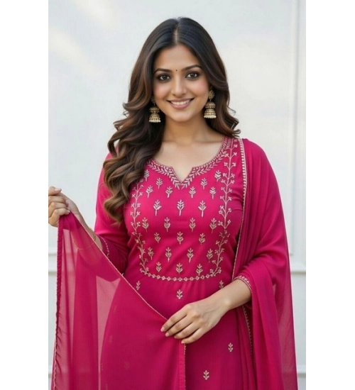 Women's Georgette Ethnic Motif Round 3/4th Sleeve Kurti With Pant Dupatta Set (Pink)