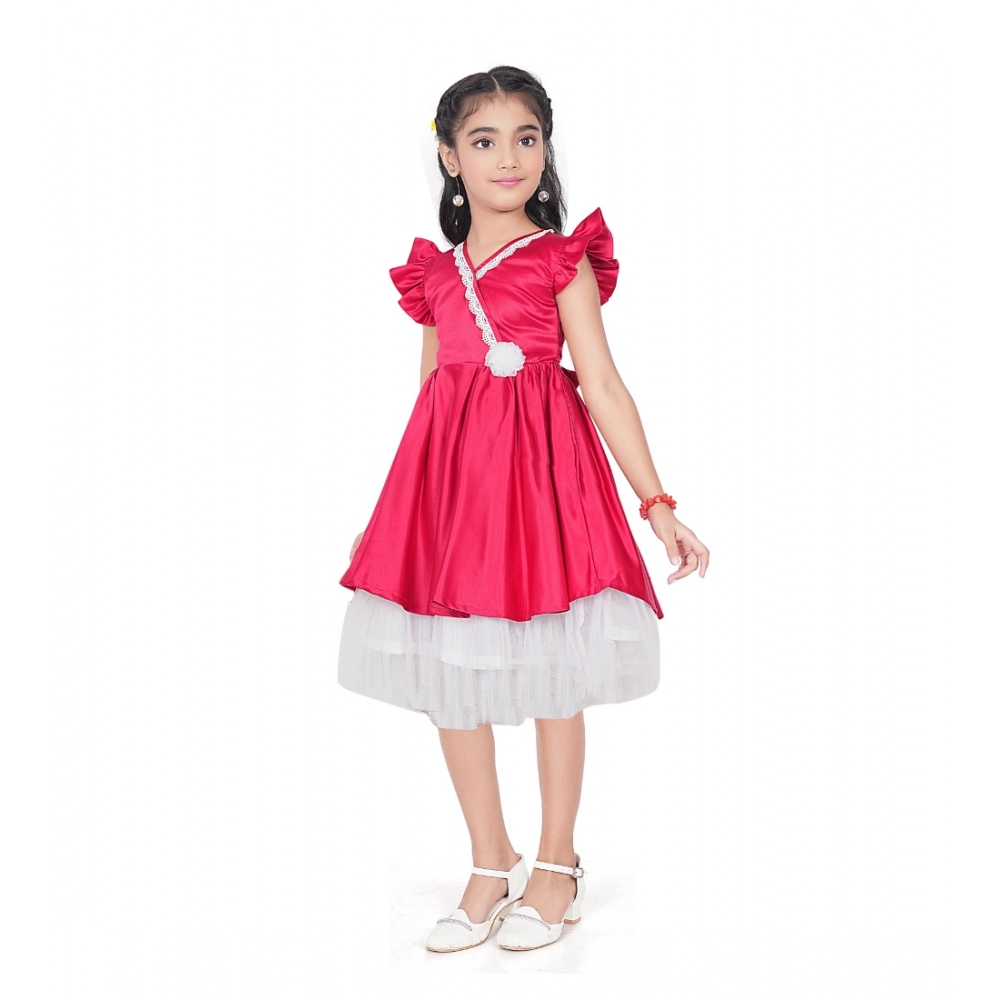 Girl's Satin Soild Short Sleeve V Neck Dress (Pink)