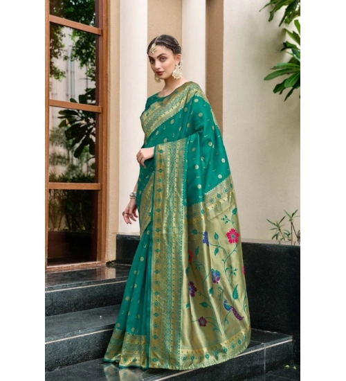 Women's Silk Blend Paithani Weaving Saree With Unstitched Blouse 5.5Mtr (Green)