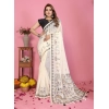 Women's Linen Cotton Printed Saree With Unstitched Blouse 5.5Mtr (Off White)