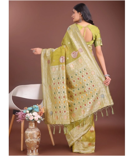 Women's Linen Cotton Printed Saree With Unstitched Blouse 5.5Mtr (Mustrad)