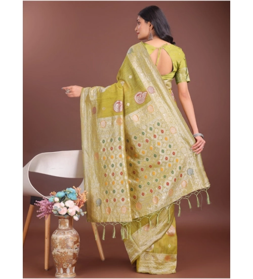 Women's Linen Cotton Printed Saree With Unstitched Blouse 5.5Mtr (Mustrad)