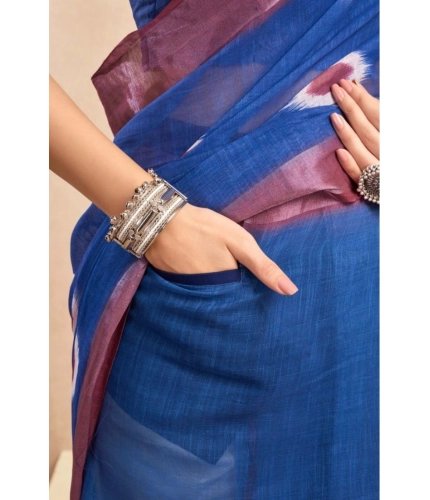 Women's Faux Linen Printed Ready to wear Saree With Unstitched Blouse 5.5Mtr (Blue)
