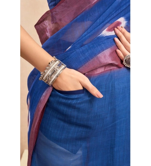 Women's Faux Linen Printed Ready to wear Saree With Unstitched Blouse 5.5Mtr (Blue)