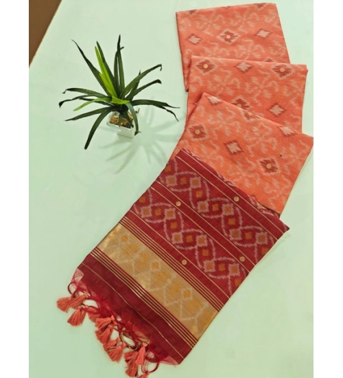 Women's Raw Silk Ikkat Saree With Unstitched Blouse 5.5Mtr (Peach)