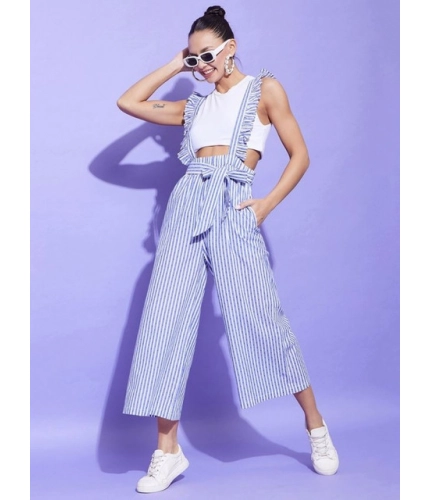 Women's Cotton Pinafore Shoulder Straps Jumpsuit (Light Blue)