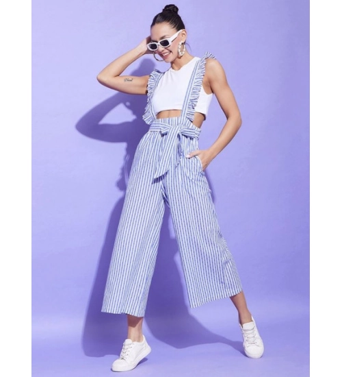 Women's Cotton Pinafore Shoulder Straps Jumpsuit (Light Blue)