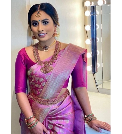 Women's Litchi silk Printed Saree With Unstitched Blouse (Pink)