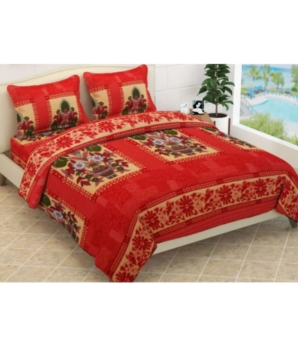 Fleece Floral Printed Double Polar Warm Bedsheet with 2 Pillow Cover (Red)