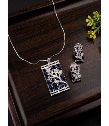 Women's Brass Silver Plated Pendant Set (Blue)