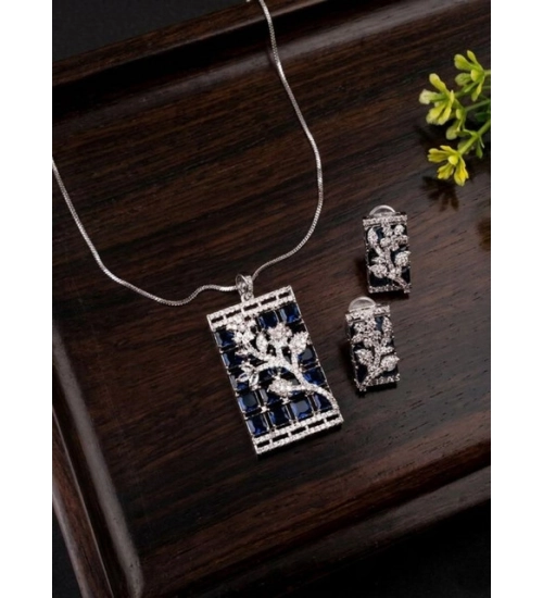 Women's Brass Silver Plated Pendant Set (Blue)