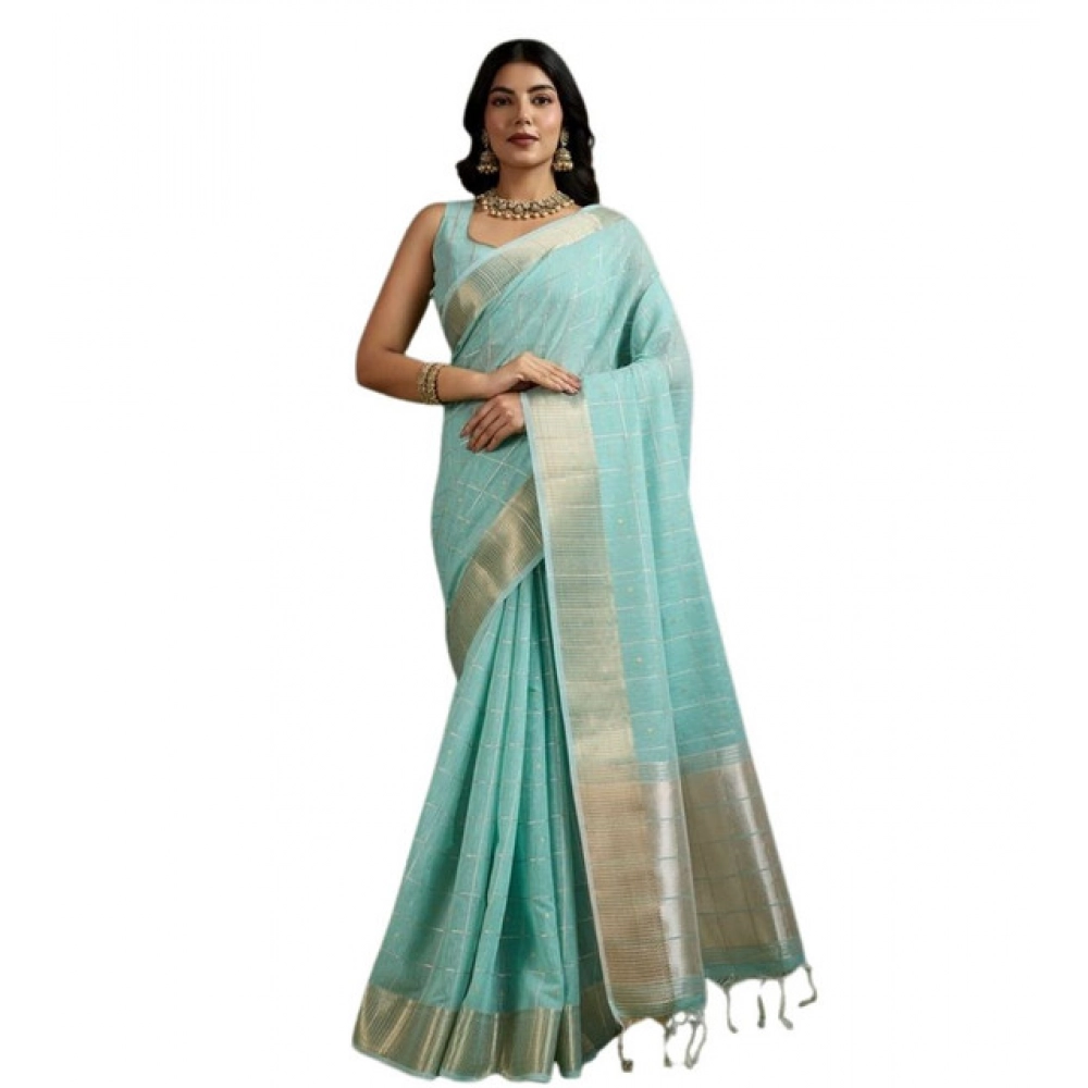 Women's Tissue Checks_With_Buttis Saree With Unstitched Blouse 5.5Mtr (Aqua_Blue) Women's Tissue Checks_With_Buttis Saree With Unstitched Blouse 5.5Mtr (Aqua_Blue)