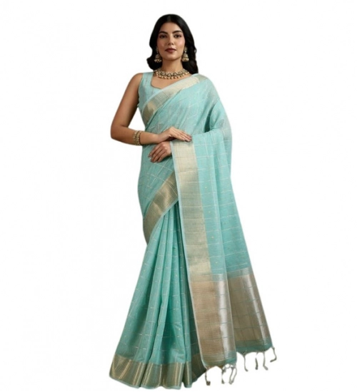 Women's Tissue Checks_With_Buttis Saree With Unstitched Blouse 5.5Mtr (Aqua_Blue)