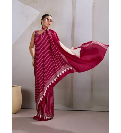 Women's Satin Crepe Printed Saree With Unstitched Blouse 5.5Mtr (Maroon)
