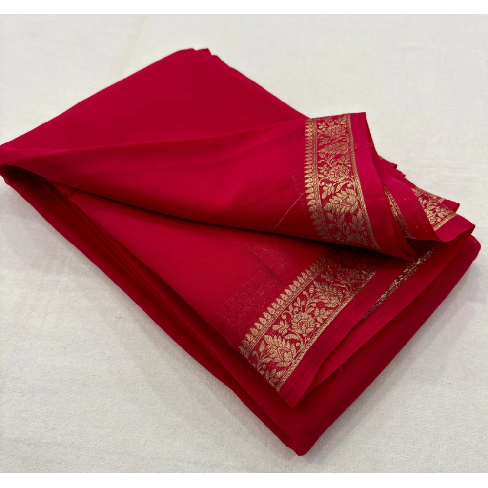 Women's Crepe Chit Pallu Solid Saree With Unstitched Blouse 5.5Mtr (Red) Women's Crepe Chit Pallu Solid Saree With Unstitched Blouse 5.5Mtr (Red)