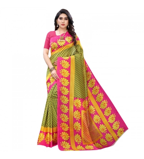 Women's Litchi silk Printed Saree With Unstitched Blouse  5-6 Mtrs (Green)