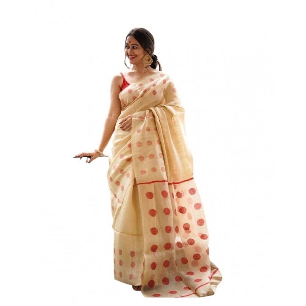 Women's Soft Lilan Printed Saree With Unstitched Blouse 5.5Mtr (Cream)