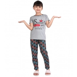 Girl's Cotton Hosiery Printed Night Suit Set (Grey-Red)