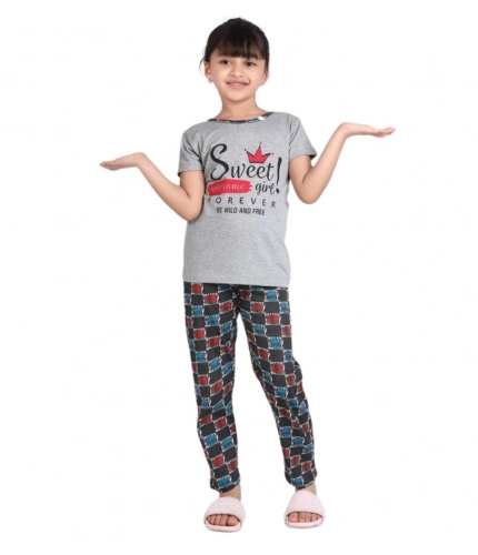 Girl's Cotton Hosiery Printed Night Suit Set (Grey-Red)