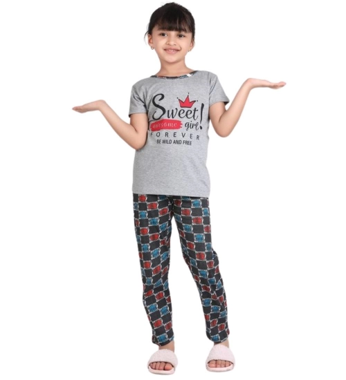 Girl's Cotton Hosiery Printed Night Suit Set (Grey-Red)