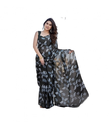 Women's Chiffon Printed Saree With Unstitched Blouse 5.5Mtr (Black)
