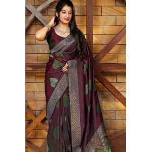 Generic Women's Litchi silk Printed Saree With Unstitched Blouse (Maroon)