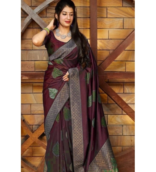 Women's Litchi silk Printed Saree With Unstitched Blouse (Maroon)