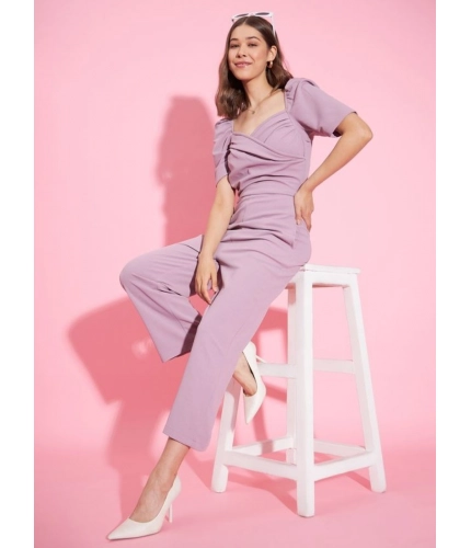Women's Polyester Lycra Solid Puff Sleeve Jumpsuit (Lavender)