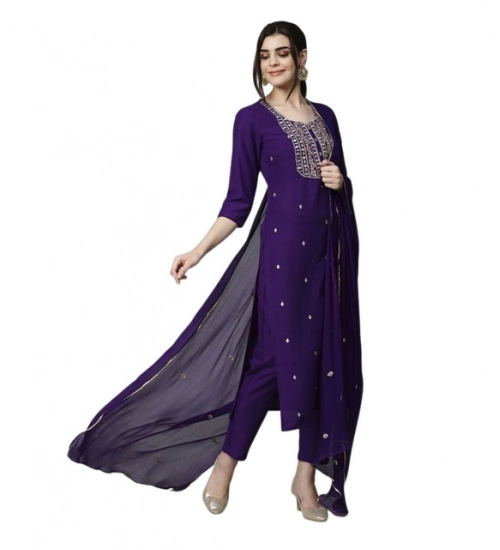 Women's Tesla Silk Embroidered U-Neck Kurti With Pant Dupatta Set (Dark Purple)