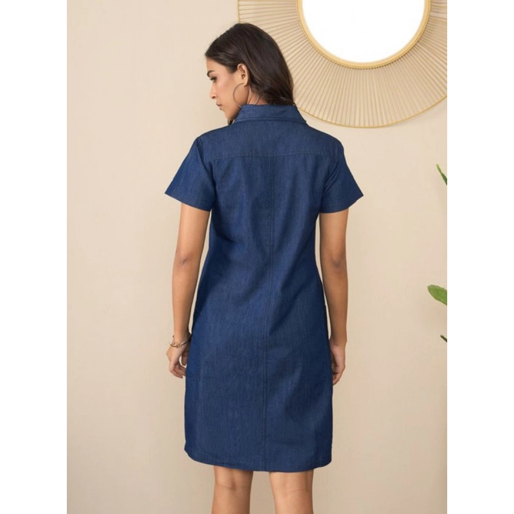 Women's Denim Solid Sleeveless Dress (Blue)
