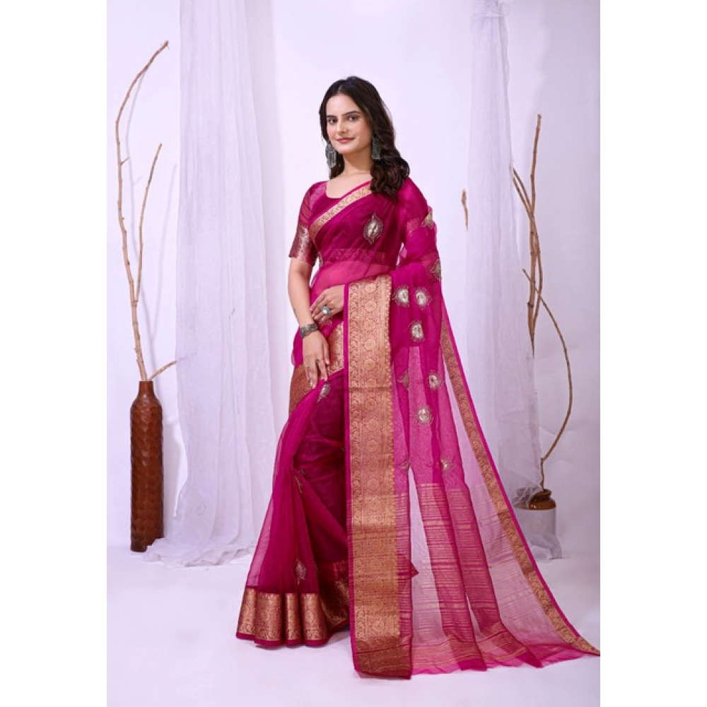 Women's Organza jacquard Embellished Saree With Unstitched Blouse 5.5Mtr (Pink) Women's Organza jacquard Embellished Saree With Unstitched Blouse 5.5Mtr (Pink)