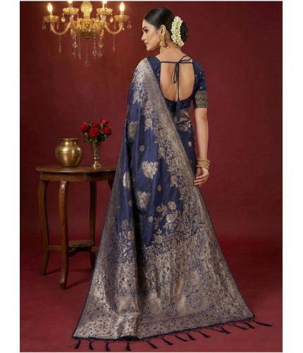 Women's Silk Blend Printed Saree With Unstitched Blouse 5.5Mtr (Navy Blue)