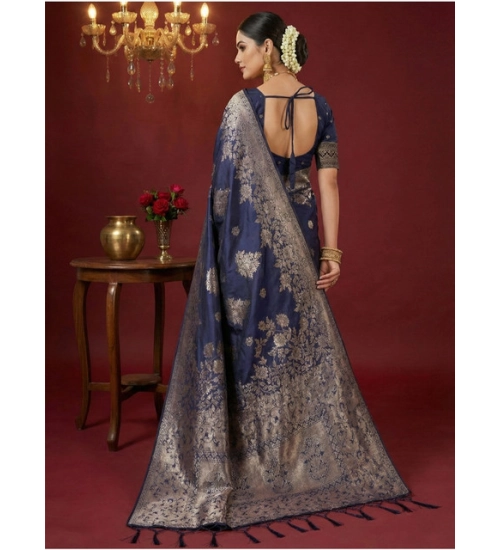 Women's Silk Blend Printed Saree With Unstitched Blouse 5.5Mtr (Navy Blue)