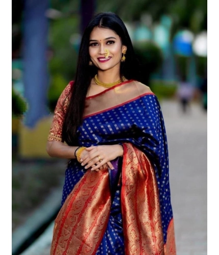 Women's Litchi silk Printed Saree With Unstitched Blouse (Blue)