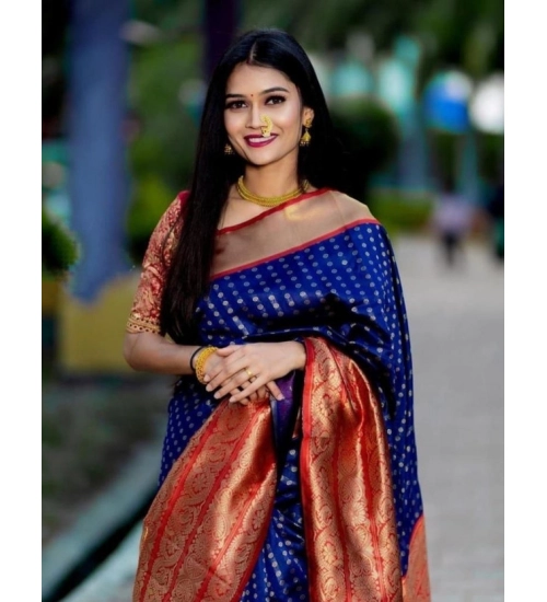 Women's Litchi silk Printed Saree With Unstitched Blouse (Blue)