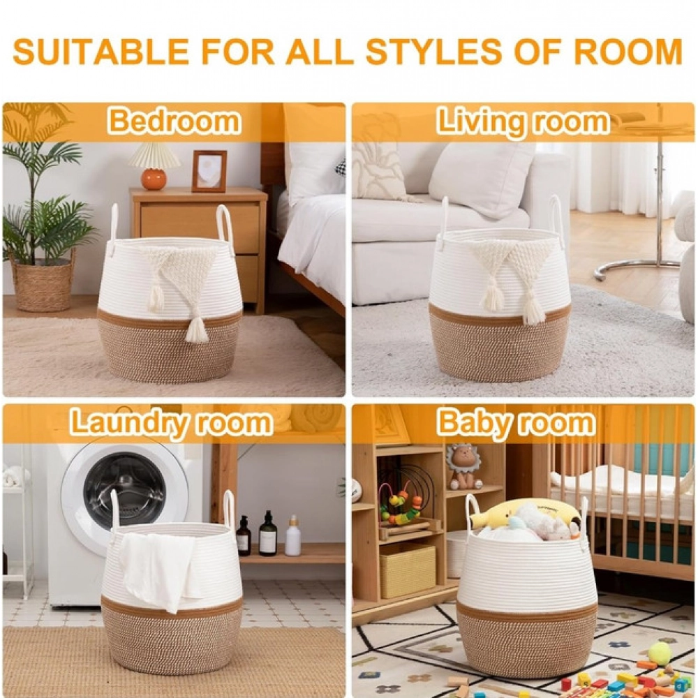 Cotton Matka With Handle 14x12 Inch Storage Basket For Clothes (Beige White)