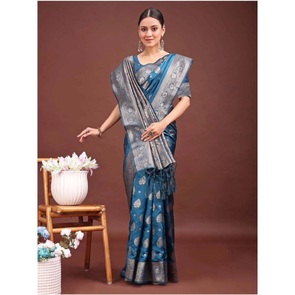 Women's Banarasi Silk Printed Saree With Unstitched Blouse 5.5Mtr (Teal Blue) Women's Banarasi Silk Printed Saree With Unstitched Blouse 5.5Mtr (Teal Blue)