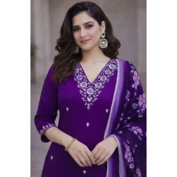 Women's Chanderi Silk Ethnic Motif V-Neck 3/4th Sleeve Kurti With Pant Dupatta Set (Purple)