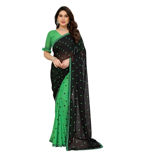 Women's Georgette Printed Saree With Unstitched Blouse 5.5Mtr (Black-Green)