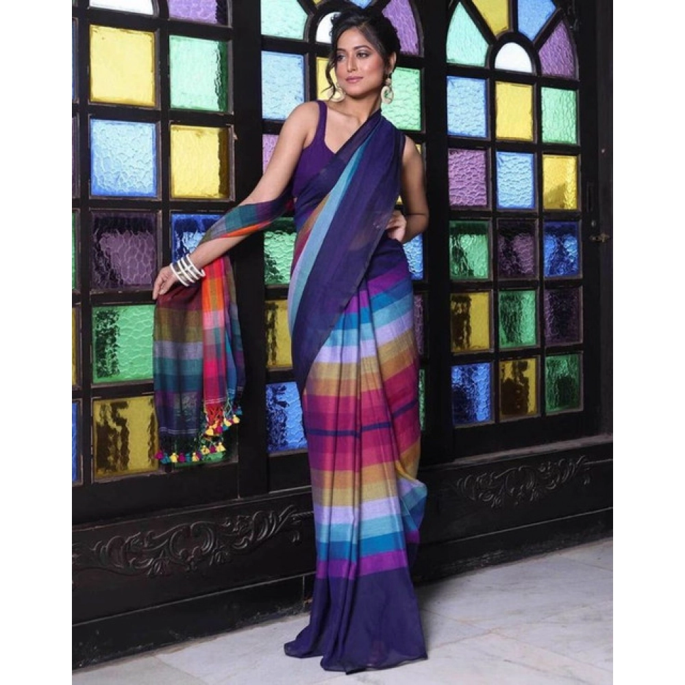 Women's Linen Printed Saree With Unstitched Blouse 5.5Mtr (Navy) Women's Linen Printed Saree With Unstitched Blouse 5.5Mtr (Navy)