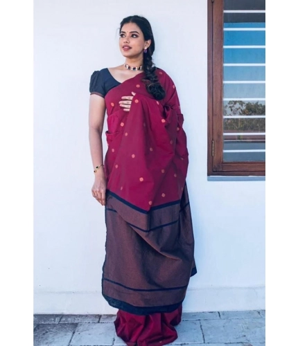 Women's Litchi silk Printed Saree With Unstitched Blouse (Red)