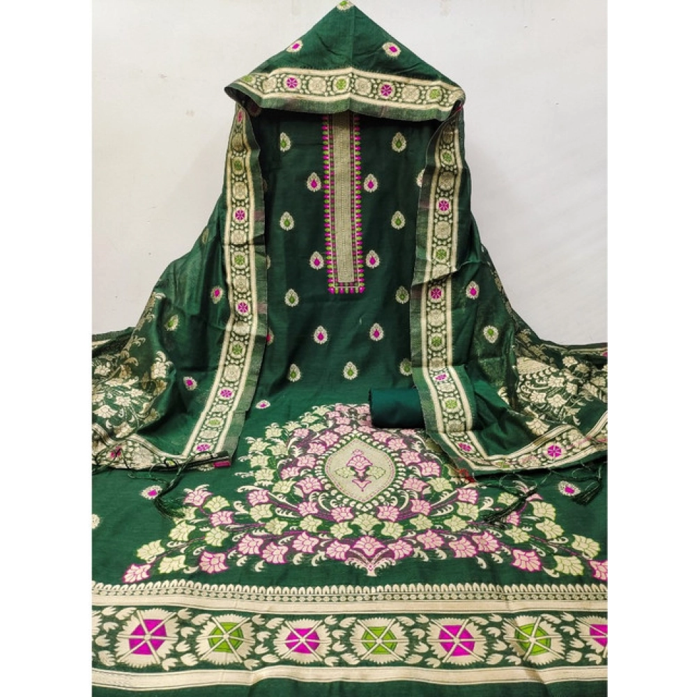 Women's Banarasi Silk Printed Unstitched Salwar Suit Material With Dupatta (Bottle Green, 3Mtrs)