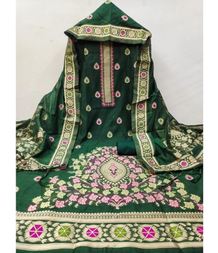 Women's Banarasi Silk Printed Unstitched Salwar Suit Material With Dupatta (Bottle Green, 3Mtrs)