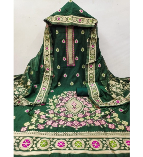 Women's Banarasi Silk Printed Unstitched Salwar Suit Material With Dupatta (Bottle Green, 3Mtrs)