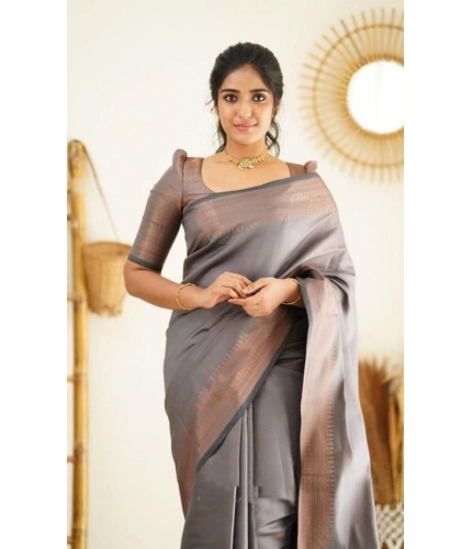Women's Litchi silk Printed Saree With Unstitched Blouse (Grey)
