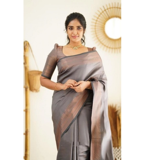 Women's Litchi silk Printed Saree With Unstitched Blouse (Grey)