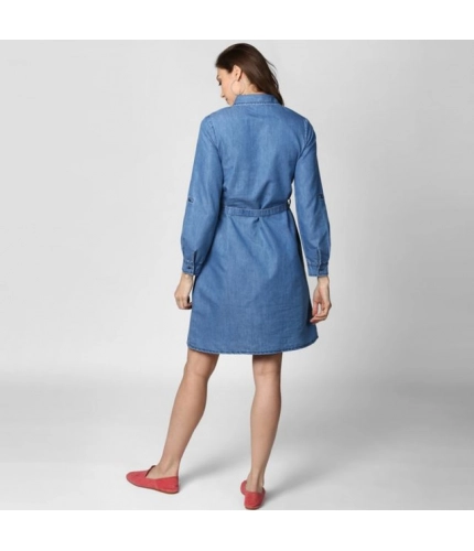 Women's Denim Solid Roll Up Sleeve Dress (Blue)