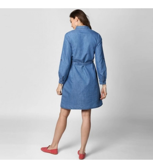 Women's Denim Solid Roll Up Sleeve Dress (Blue) Women's Denim Solid Roll Up Sleeve Dress (Blue)