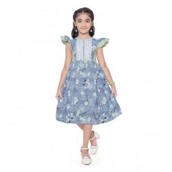 Girl's Twill Printed Short Sleeve Round Neck Dress (Green)